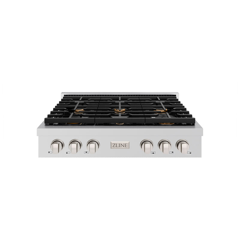 ZLINE 36 in. Paramount Gas Rangetop with 6 Brass Burners and Porcelain Cooktop in Stainless Steel (SRT-BR-36) ZLINE