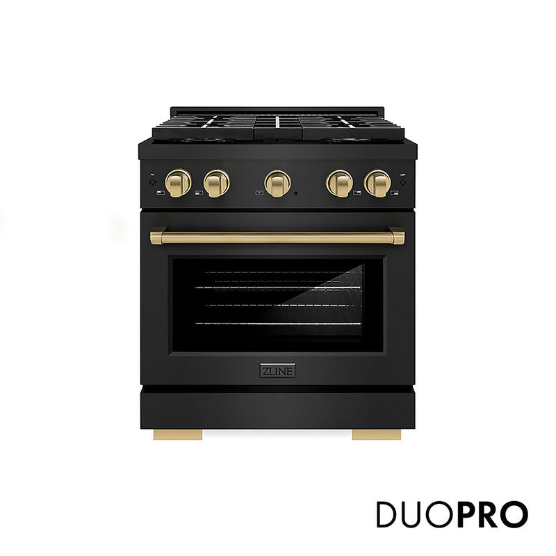 ZLINE Autograph Edition 30 in. 4.2 cu. ft. Paramount Gas Range with 4 Burner DuoPro™ Cooktop and Convection Gas Oven in Black Stainless Steel and Champagne Bronze Accents (PSGRBZ-30-CB) ZLINE