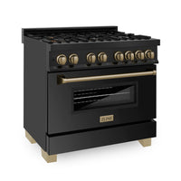 ZLINE Autograph Edition 36" 4.6 cu. ft. Legacy Dual Fuel Range with 6 Burner Gas Cooktop and Electric Convection Oven in Black Stainless Steel with Champagne Bronze Accents