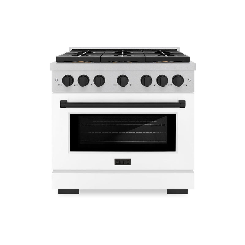 ZLINE Autograph Edition 36 in. 5.2 cu. ft. Paramount Dual Fuel Range with 6 Burner DuoPro™ Cooktop and Electric Convection Oven in Satin Stainless Steel with White Matte Door and Matte Black Accents (PSDRSZ-WM-36-MB) ZLINE
