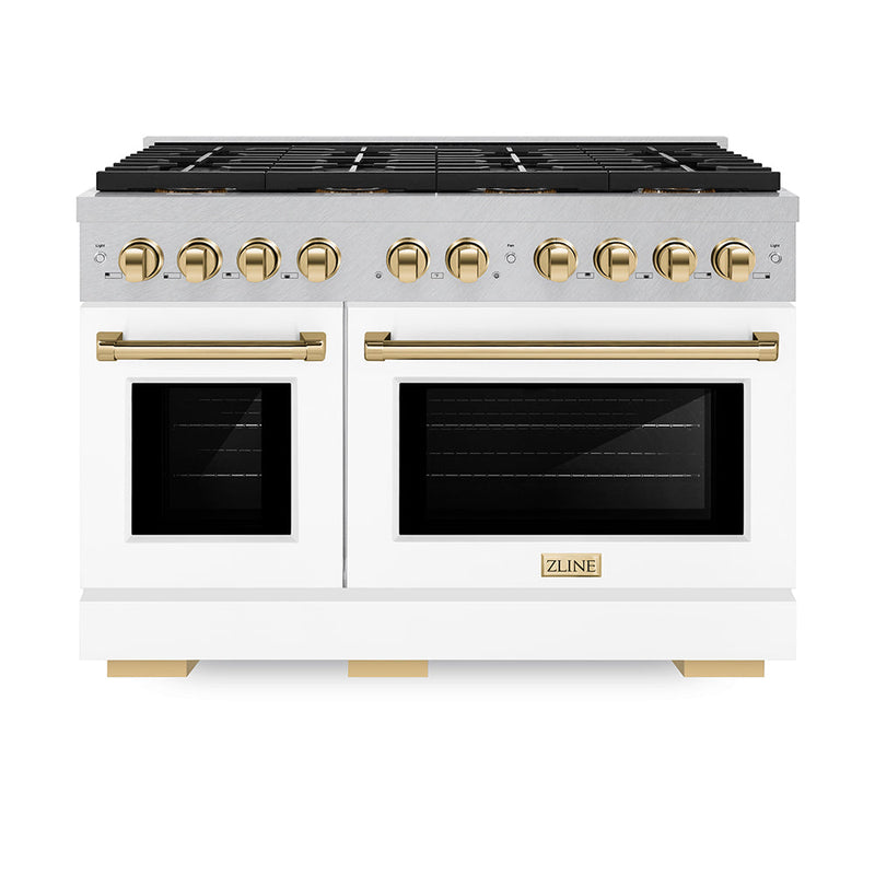 ZLINE Autograph Edition 48 in. 6.7 cu. ft. Paramount Dual Fuel Range with 8 Burner DuoPro™ Cooktop and Dual Ovens in Satin Stainless Steel with White Matte Doors and Polished Gold Accents (PSDRSZ-WM-48-G) ZLINE
