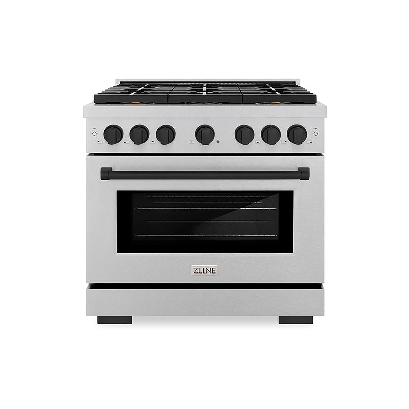 ZLINE Autograph Edition 36 in. 5.2 cu. ft. Paramount Gas Range with 6 Burner DuoPro™ Cooktop and Convection Gas Oven in Satin Stainless Steel and Matte Black Accents (PSGRSZ-36-MB) ZLINE
