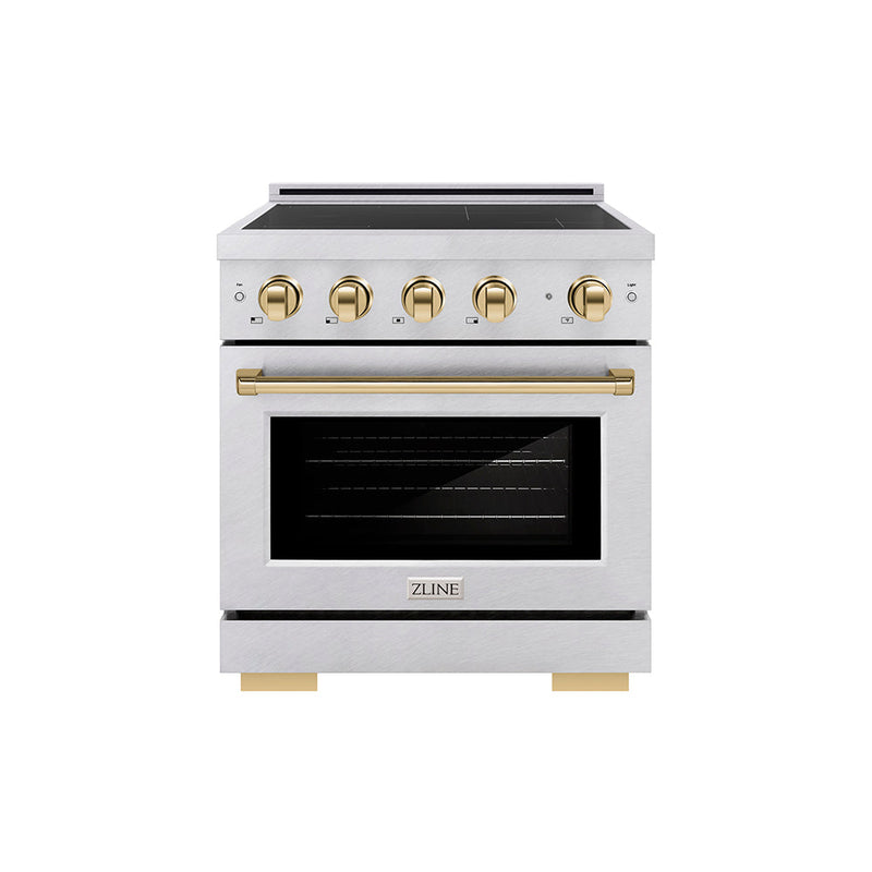 ZLINE Autograph Edition 30 in. 4.2 cu. ft. Paramount Induction Range with 4 Element Cooktop and Electric Convection Oven in Satin Stainless Steel with Polished Gold Accents (SINRSZ-30-G) ZLINE