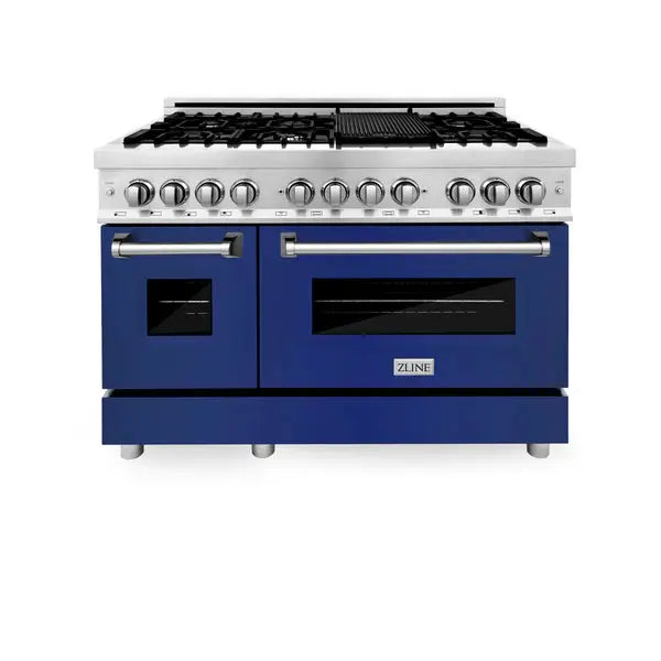 ZLINE 48 in. 6.0 cu. ft. Legacy Dual Fuel Range with 7 Burner Gas Cooktop and 2 Electric Ovens in Satin Stainless Steel and Red Matte Doors (RAS-RM-48) Zline