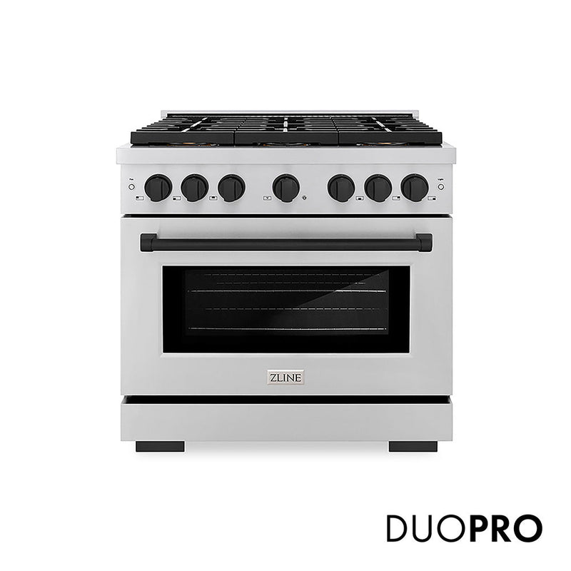 ZLINE Autograph Edition 36 in. 5.2 cu. ft. Paramount Dual Fuel Range with 6 Burner DuoPro™ Cooktop and Electric Convection Oven in Stainless Steel and Matte Black Accents (PSDRZ-36-MB) ZLINE