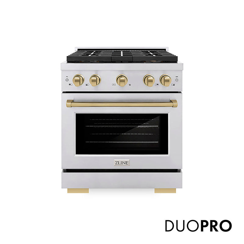 ZLINE Autograph Edition 30 in. 4.2 cu. ft. Paramount Gas Range with 4 Burner DuoPro™ Cooktop and Convection Gas Oven in Stainless Steel with Champagne Bronze Accents (PSGRZ-30-CB) ZLINE
