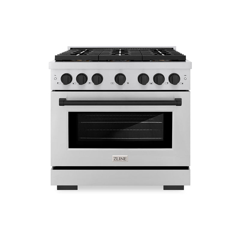 ZLINE Autograph Edition 36 in. 5.2 cu. ft. Paramount Gas Range with 6 Burner DuoPro™ Cooktop and Convection Gas Oven in Stainless Steel and Matte Black Accents (PSGRZ-36-MB) ZLINE