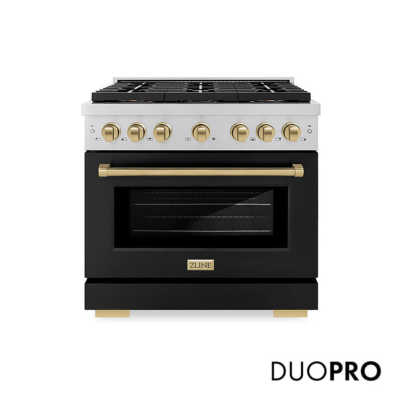 ZLINE Autograph Edition 36 in. 5.2 cu. ft. Paramount Gas Range with 6 Burner DuoPro™ Cooktop and Convection Gas Oven with Black Matte Door and Polished Gold Accents (PSGRZ-BLM-36-G) ZLINE