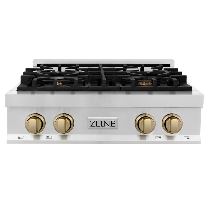 ZLINE Autograph Edition 30 in. Legacy Gas Rangetop with 4 Burners and Porcelain Cooktop in Stainless Steel with Champagne Bronze Accents (RTZ-30-CB) ZLINE