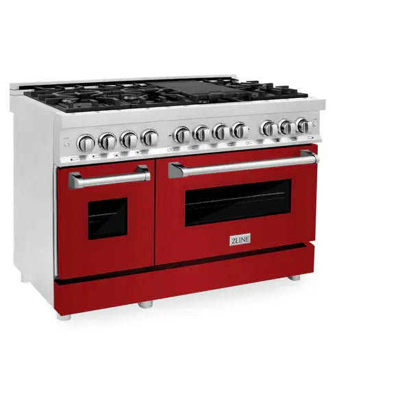 ZLINE 48 in. 6.0 cu. ft. Legacy Dual Fuel Range with 7 Burner Gas Cooktop and 2 Electric Ovens in Satin Stainless Steel and Red Matte Doors (RAS-RM-48) Zline