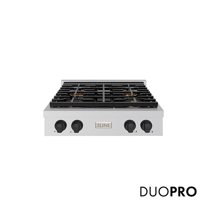 ZLINE Autograph Edition 30 in. Paramount Gas Rangetop with 4 Burner DuoPro™ Cooktop in Stainless Steel and Matte Black Accents (PSRTZ-30-MB) ZLINE