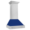 ZLINE 30 in. Satin Stainless Steel Wall Mount Range Hood with Blue Gloss Shell and Stainless Steel Handle (8654SNX-BG30)