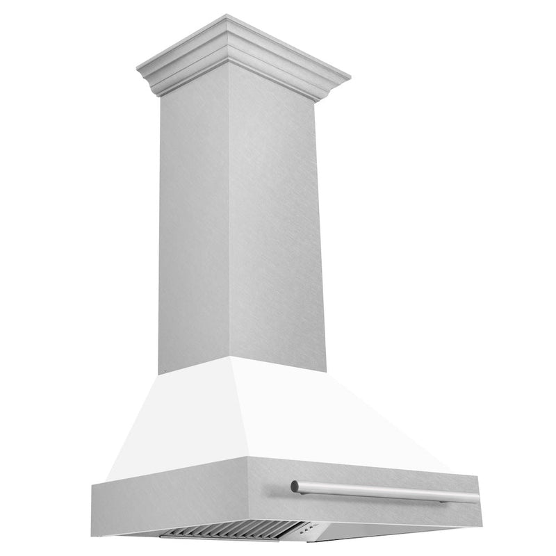 ZLINE 30 in. Satin Stainless Steel Wall Mount Range Hood with White Matte Shell and Stainless Steel Handle (8654SNX-WM-30)