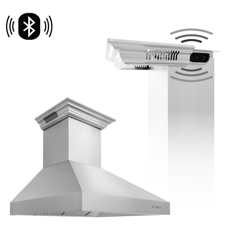 54 in. ZLINE CrownSound™Ducted Vent Professional Wall Mount Range Hood in Stainless Steel with Built-in Bluetooth Speakers (697CRN-BT-54)