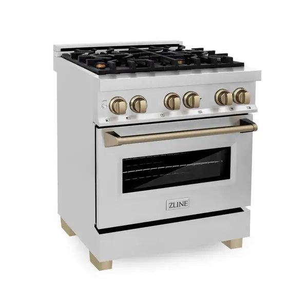 ZLINE Autograph Edition 30 in. 4.0 cu. ft. Legacy Dual Fuel Range with 4 Burner Gas Cooktop and Electric Convection Oven in Stainless Steel and Champagne Bronze Accents (RAZ-30-CB) Zline