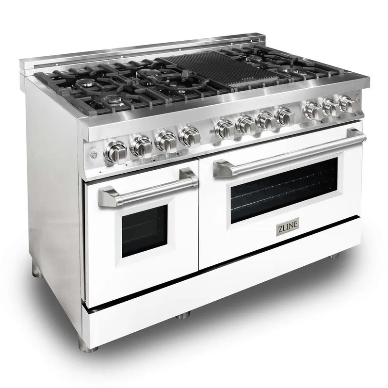 ZLINE 48 in. 6.0 cu. ft. Legacy Dual Fuel Range with 7 Burner Gas Cooktop and 2 Electric Ovens in Stainless Steel and Wh